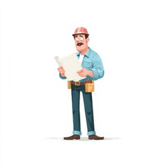 An animated construction worker wearing a striped hard hat and safety glasses examines blueprints with focus,