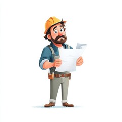 An animated construction worker in a yellow hard hat and blue shirt reviews plans with focus,