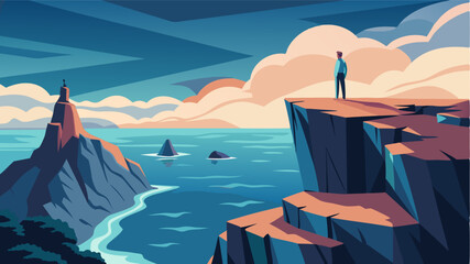 A sense of awe and wonder at the enormity of a rocky promontory jutting out into the vast ocean dwarfing any human presence.