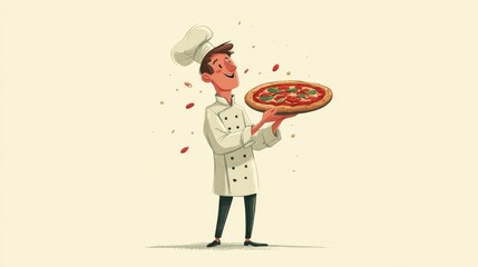 A cheerful cartoon chef in a white coat and hat proudly holds a freshly baked pizza topped with pepperoni and bell peppe