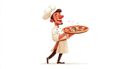 A cheerful cartoon chef in traditional attire proudly holds a freshly baked pizza topped with pepperoni, cheese,