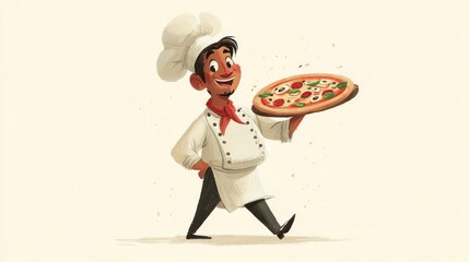 A cheerful cartoon chef in a white hat and apron holds a colorful pizza with vibrant toppings,
