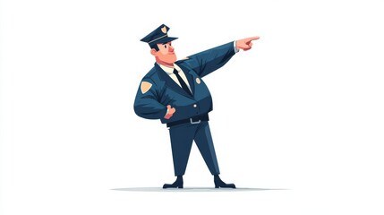 Animated police officer with exaggerated features, wearing a dark blue uniform and peaked cap,