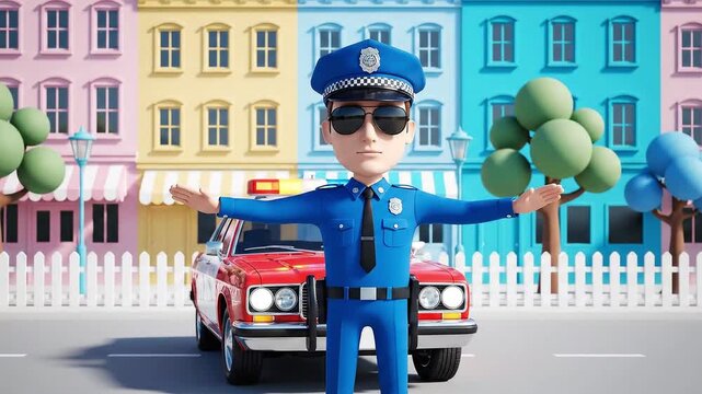 Cartoon Police Officer Directing Traffic in Colorful City Neighborhood with Bright Buildings and Trees