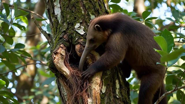A Northern Tamandua foraging for insects in a tree hollow in its natural forest habitat