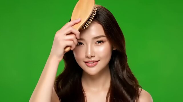 Beautiful Young Asian Woman Brushing Her Long Dark Hair with a Comb