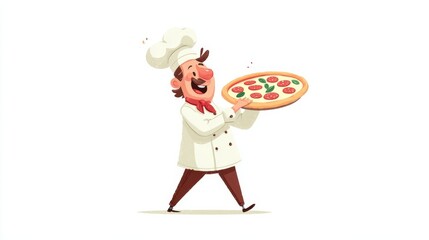Animated chef holding a freshly baked pizza with pepperoni and basil, smiling joyfully, representing culinary arts,