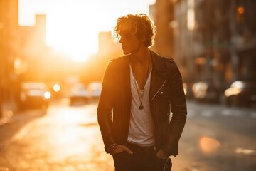 Young Man Standing in a Sunlit City Street