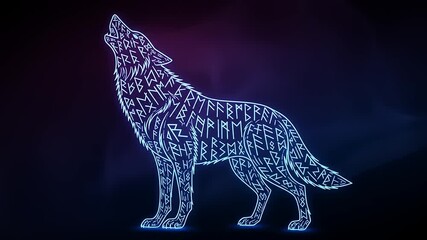 Glowing wolf silhouette howling against a mystical backdrop filled with runic symbols - Powered by Adobe