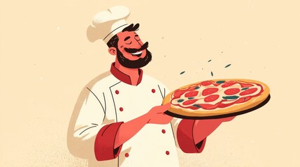 A cheerful chef proudly displays a freshly baked margherita pizza topped with tomato, mozzarella,