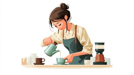 A professional female barista prepares coffee behind a cafe counter,
