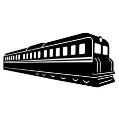 A striking black and white illustration of a vintage passenger train