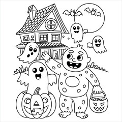 Spooky halloween themed coloring book page featuring classic monsters and festive elements for children s creative fun