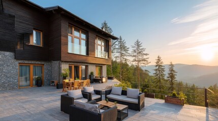Elegant two-story house with wooden paneling and large glass windows on a hillside,