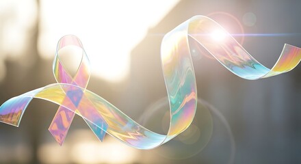 A shimmering, iridescent ribbon forming a symbolic awareness ribbon against a bright, sunlit background.