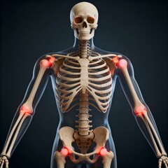 A human skeleton within a transparent body, highlighting painful joints in red. A 3D medical concept for chronic pain or rheumatic diseases.