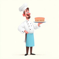 An animated chef proudly presents a freshly baked cookie on a plate,