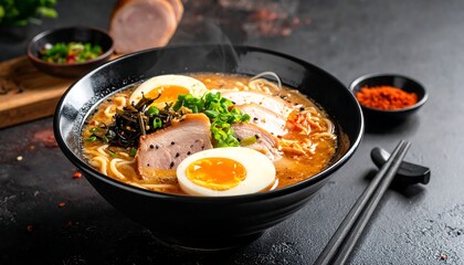 A steaming bowl of Japanese noodle soup with egg, meat, and garnish, artfully arranged