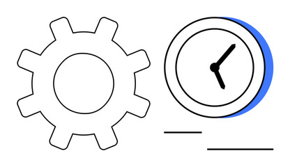 Gear and clock outline side-by-side symbolizing productivity, teamwork, time tracking, optimization, and efficiency. Ideal for scheduling, organization, workflow, collaboration and process