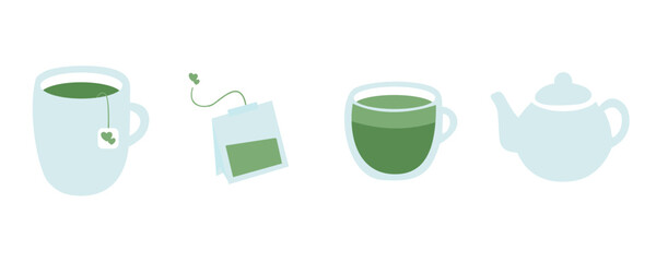 Flat Vector Green Tea Icon Set for Cafe Menu Design