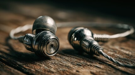 Close-up View of Stylish Metallic Earphones on a Wooden Surface with Natural Lighting