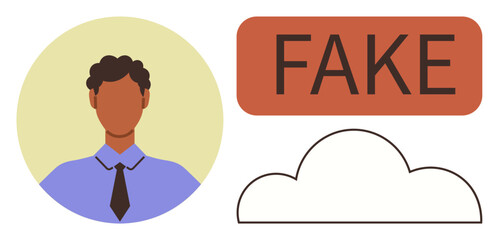 Male avatar with tie next to bold FAKE tag and cloud shape. Ideal for online security, fraud detection, identity theft, misinformation, privacy violation, social media risks, simple flat metaphor