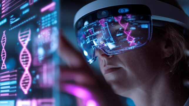 Scientist wearing vr headset analyzing dna data in futuristic laboratory