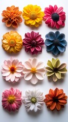 Obraz premium 30 different colorful flowers collection, pink yellow orange red purple green blue, isolated on white background, catalog