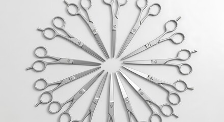 Arrangement of silver haircutting scissors, creative barber tool concept