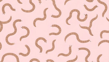 Whimsical Brown Worms Seamless Pattern on Pastel Pink Background; Cute Cartoon Larvae Illustration, Repeatable Texture for Kids' Designs and Nature...
