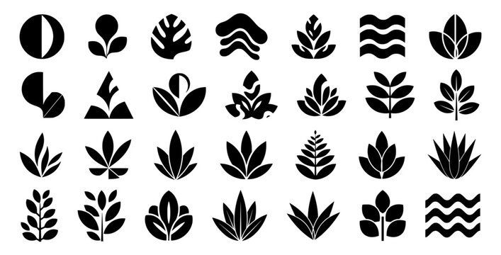 A black silhouette collection of stylized plant and leaf icons in a variety of shapes and designs.