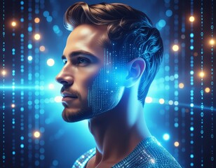 A human silhouette merging with digital binary code