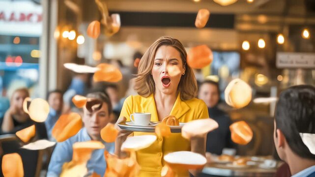 A bad connection causes a waitress's tray to launch food into the air, creating a surreal, slow-motion chaotic scene in a cafe