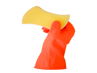 hand in red glove with sponge isolated on white background