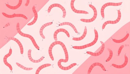 Fototapeta premium Playful Pink Worms and Centipedes Illustration on Striped Background: Whimsical Cartoon Design with Various Shapes and Hues