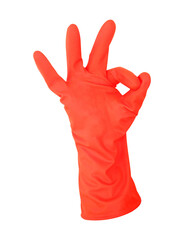 OK sign with a hand wearing an insulated glove on a white background