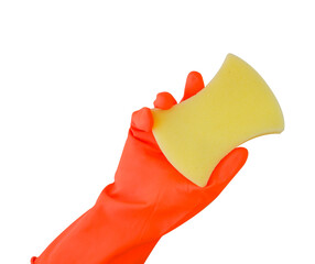 A hand wearing red rubber gloves is holding a sponge