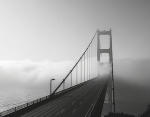 Suspension bridge shrouded in morning fog