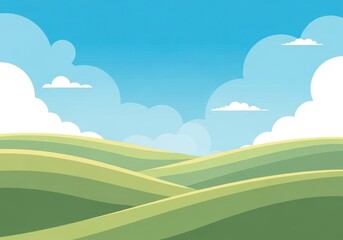 Bright Blue Sky with Fluffy White Clouds Over Rolling Green Hills Landscape