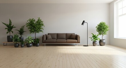 Interior scene featuring a sofa, floor lamp and potted plants in a minimalist room with light wood floors and white walls. Concept for interior design visualization and home staging decor