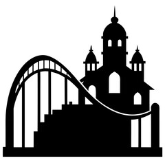 Roller Coaster Silhouette with Majestic Building Black and White Vector Illustration