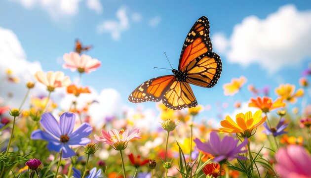 Monarch butterfly gracefully floats above a colorful wildflower field under a sunny, blue sky with fluffy white clouds, radiating warmth