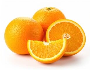 Three whole oranges and a sliced portion are depicted with vibrant orange hues on a plain white backdrop, conveying a sense of freshness
