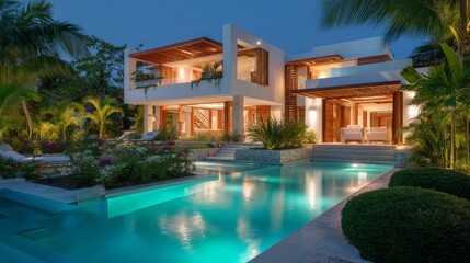 Fototapeta premium Elegant modern house at dusk with warm lights, clean lines, large glass windows, wooden accents, serene swimming pool,