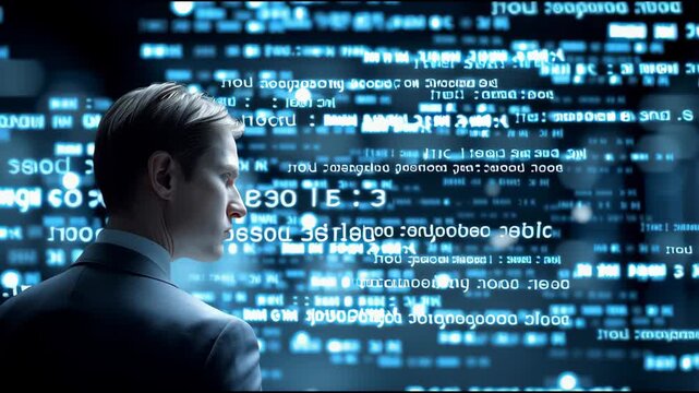 Man in a suit is looking at a computer screen with a lot of blue and white code. Concept of technology and the importance of understanding and interpreting complex data. High quality photo