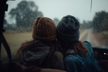 Two Friends Embrace Inside Car on Rainy Day Adventure Looking Forward