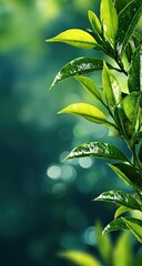 Vibrant Green Tea Leaves in Lush Garden Setting.