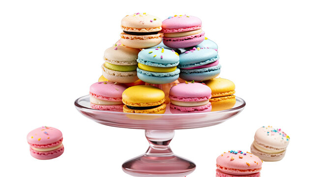 Pile of colorful sweet macarons on glass stand with sprinkles isolated on white background