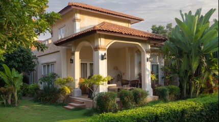 Obraz premium A cozy two-story villa with a red tile roof and light exterior walls, surrounded by a lush green garden.