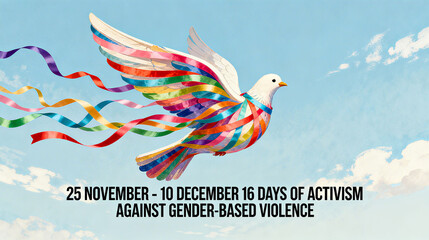 The white dove decorated with colorful ribbons and the activity text represent the 16 day campaign against gender based violence, used for promotional scenes from November 25th to December 10th.
